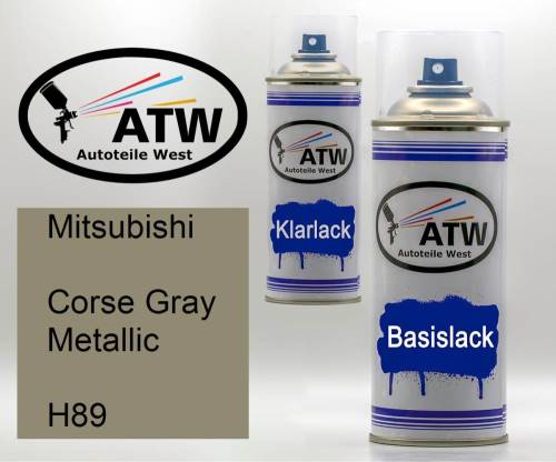 Mitsubishi, Corse Gray Metallic, H89: 400ml Sprühdose + 400ml Klarlack - Set, von ATW Autoteile West.